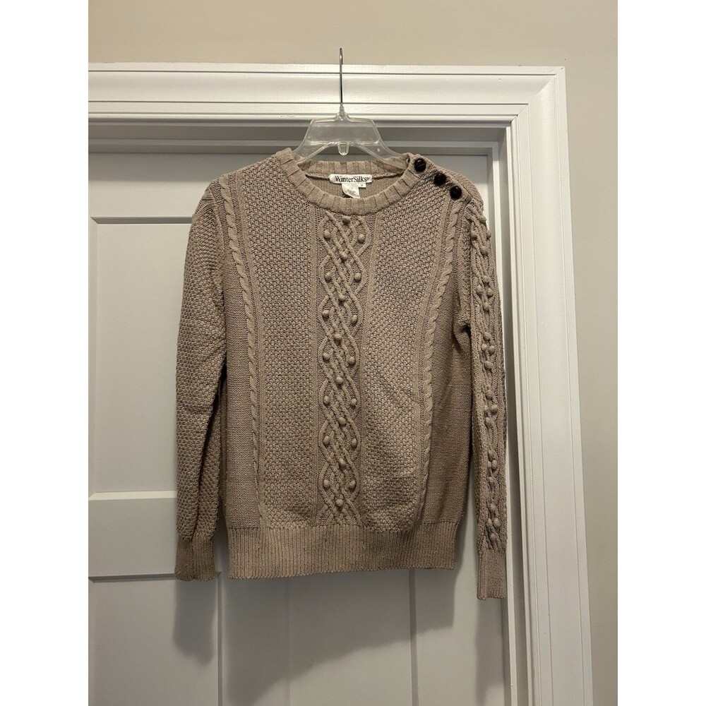 Women Winter Silks Size Medium Cable Pom Knit Sweater Fisherman Academia Preppy